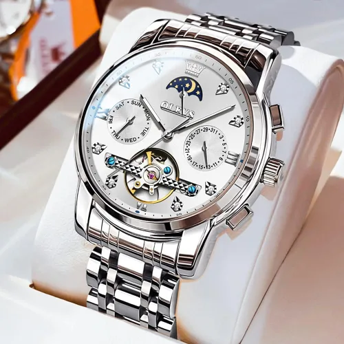 Vista 4 de OLEVS Reloj automático (no requiere batería) Relojes de pulsera para hombre, relojes mecánicos de cuerda automática, reloj clásico de esqueleto