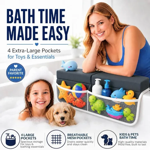 Vista 5 de Cómodo juego de rodilleras y coderas de baño para bebé, almohadilla antideslizante para bañarse, tapete acolchado para bañera, coderas, bolsillos