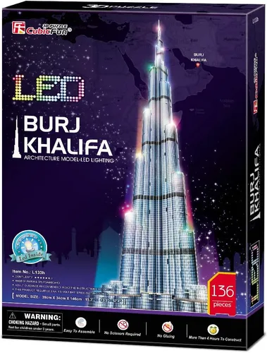 Vista 9 de CubicFun Rompecabezas 3D LED Dubai Burj Khalifa 57.5" H Kits de Modelos de Edificios de Arquitectura para Adultos, Decoración de Recuerdo y Regalos