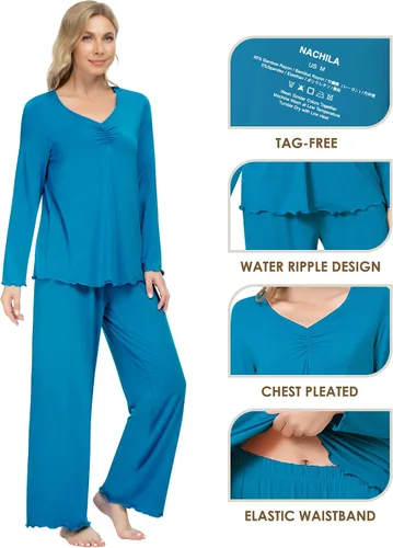 Vista 4 de NACHILA Conjunto de pijama de bambú de manga larga para mujer, conjunto de pijama suave, pantalones de descanso, talla XXL