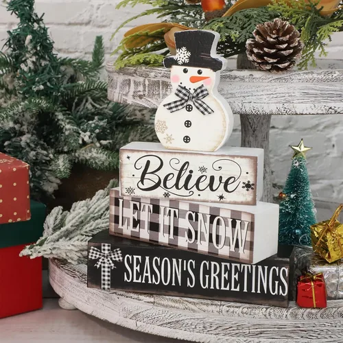 Vista 4 de 4 piezas de decoración de Navidad para interiores de madera con muñeco de nieve para decoración de mesa de centros de mesa de Navidad Feliz Navidad