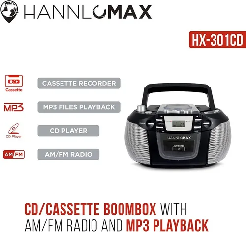 Vista 4 de HANNLOMAX HX-301CD CD/MP3 Boombox, radio AM/FM, grabadora de cassette, grabaciones de CD o radio, conector para auriculares, pantalla LCD, fuente