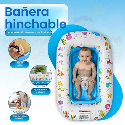 Vista 4 de Mommy's Helper Bañera inflable bajo el mar, bañera plegable y segura para bebé con asiento antideslizante de cuerno de sillín para niños, baño