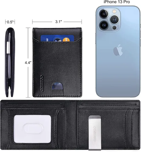 Vista 7 de COANJIUO Billetera para hombre delgada y plegable con bloqueo RFID, billetera minimalista con bolsillo frontal con 8 ranuras para tarjetas (negro)