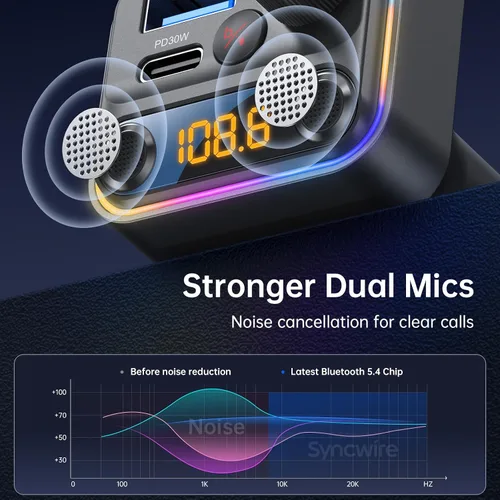 Vista 2 de Syncwire Bluetooth 5.4 Transmisor FM Adaptador para Coche 42W [Interruptor de Luz] [Micrófono Dual Más Potente] [Sonido de Graves HiFi]