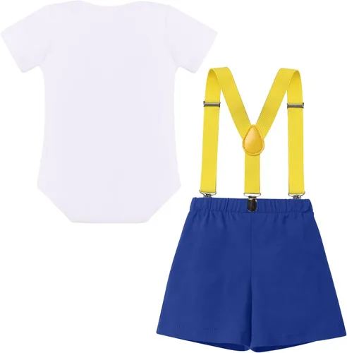 Vista 2 de Conjunto de traje de banderín para el primer cumpleaños de bebé niño, pajarita, pantalones cortos, tirantes en la espalda en Y, sesiones de fotos