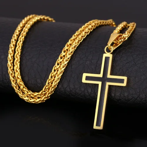 Vista 3 de U7 Simple Cross Necklace for Men Women, Stainless Steel Silver Black Gold Latin Cross Pendant Necklaces, Custom Engravable, Length 22-24 Inches