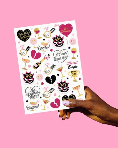 Vista 5 de xo, Fetti Tatuajes temporales para fiesta de divorcio – 60 estilos de aluminio Suministros de fiesta solo divorciados, recuerdos de fiesta