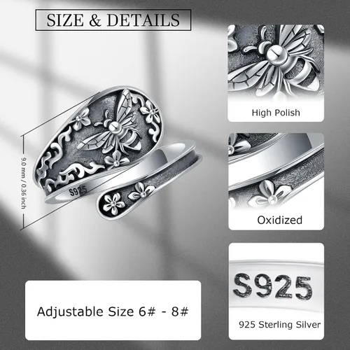 Vista 6 de 925-Sterling-Silver Adjustable Spoon Ring for Women - Vintage Bee Rings Animal Jewelry Birthday Christmas Gifts for Daughter Wife