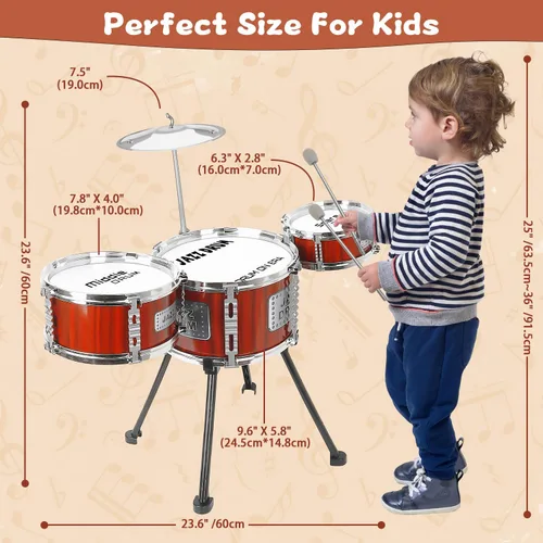 Vista 7 de Juego de Batería para Niños, Juguetes Musicales, Juego de Tambores para Niños Pequeñas de 3 a 5 Años, Kit de Tambores Jazz con Taburete, 3 Tambores