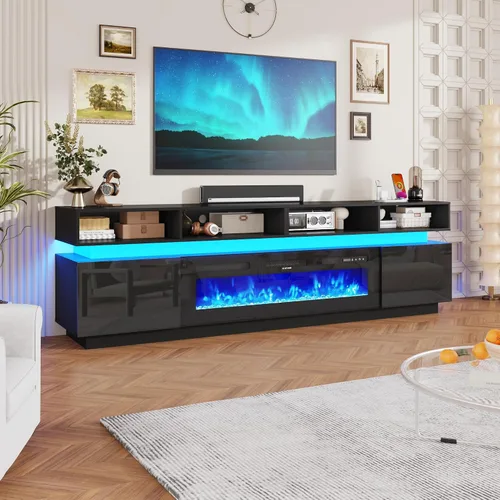 Vista 12 de chartustriable Soporte de TV LED para TV de 80 pulgadas, centro de entretenimiento alto moderno con tomas de corriente, soporte de TV de alto