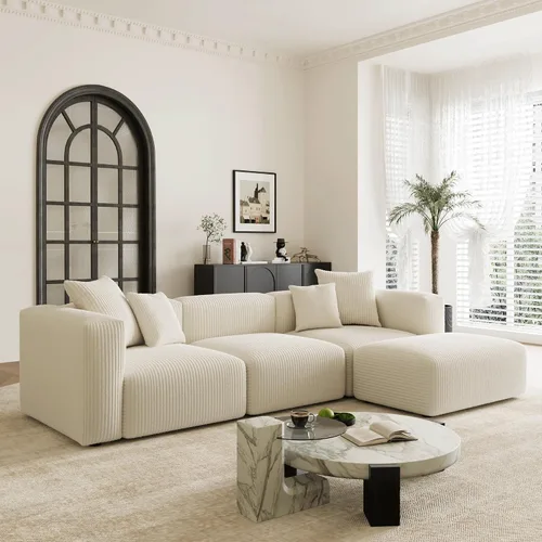 Vista 13 de Acanva - Sofá modular convertible con otomana, en forma de U, color negro Sofá de pana, marco de madera, combinación libre, sofá cama, para sala