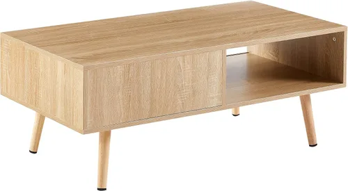 Vista 4 de Mesa de centro de ratán con armario de almacenamiento y estante abierto, mesa central de madera con puerta corredera de ratán, muebles modernos