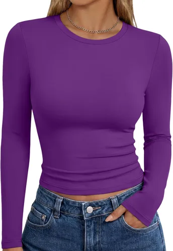 Vista 16 de Trendy Queen Camisetas de manga larga para mujer, camisetas básicas de Verde militar