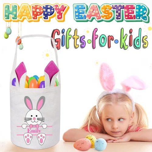 Vista 4 de Paquete de 2 cestas de Pascua personalizadas para niños y niñas, regalos de Pascua personalizados de Touber, cesta de Pascua para conejito
