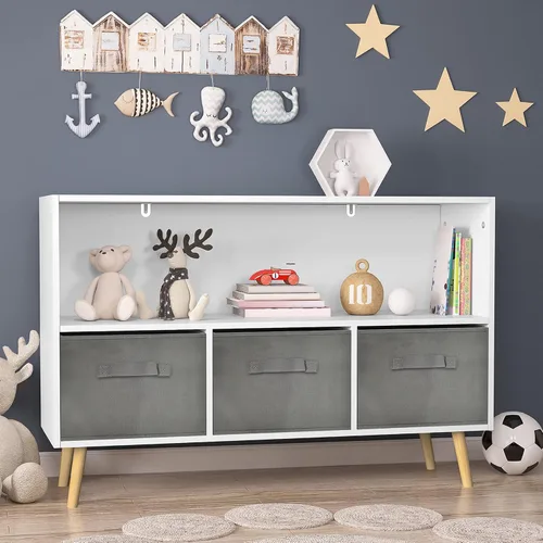 Vista 2 de Estantería para niños, estante para libros para niños con cajones de tela plegables, organizador de almacenamiento de juguetes, estantería