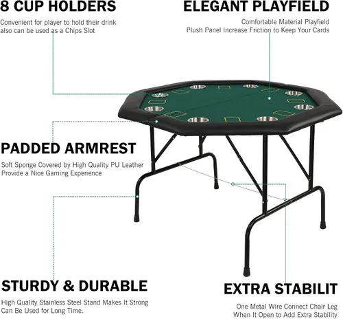 Vista 3 de Mesa plegable de póquer de casino - Mesa de juego Texas Hold'em de 48 pulgadas con portavasos de acero inoxidable
