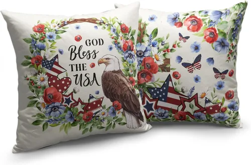 Vista 2 de Juego de 2 fundas de almohada de 16 x 16 pulgadas con diseño patriótico floral y estrellas de la independencia del Día de los Caídos, fundas