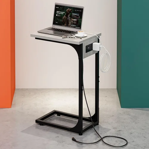 Vista 17 de Mesa auxiliar en forma de C para sofá, soporte de café pequeño, bandeja de sofá con marco de metal, parte superior de madera impermeable resistente
