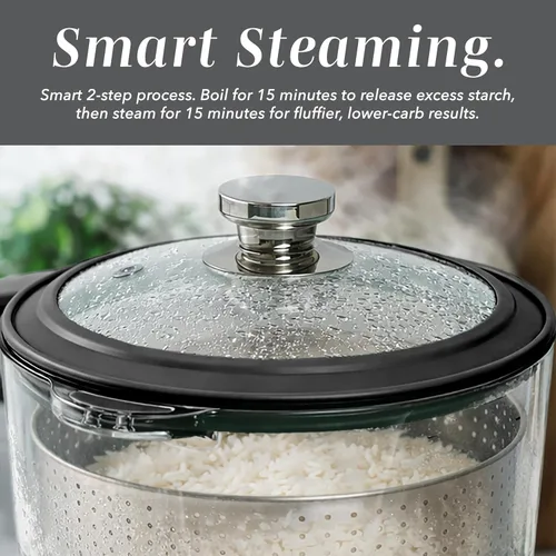 Vista 5 de COOK WITH COLOR Olla de arroz de vidrio mini de 3L baja en carbohidratos – Contiene 2 tazas crudas/Produce 6 tazas cocidas con cesta de filtro