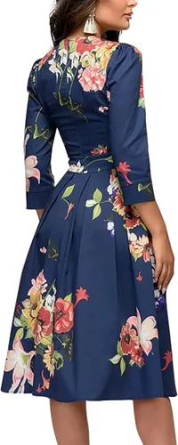 Vista 2 de Simple Flavor Vestido para mujer, elegante, manga de 34, hasta por debajo de la rodilla, de época, con estampado floral, para eventos nocturnos