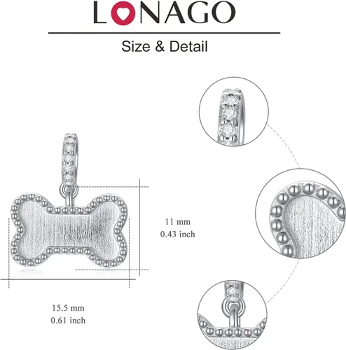 Vista 19 de LONAGO Abalorio personalizado con foto de plata de ley 925 con diseño de hueso de perro para pulsera