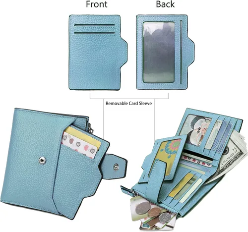 Vista 3 de AINIMOER - Cartera de piel con bloqueo RFID para mujer, tamaño pequeño, compacta, doble zíper, con ventana para identificación