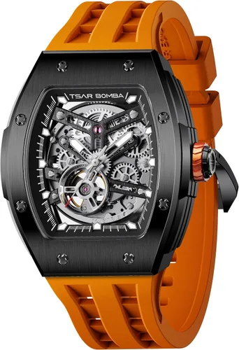 Vista 9 de Tsar Bomba Men's Automatic Watch Tonneau Luxury Skeleton Watch for Men Mechanical 50M Waterproof Wristwatch Gift for Men 08tc-whi