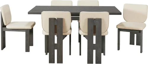 Vista 7 de Merax Juego de comedor retro de 7 piezas para 6, mesa rectangular de madera de goma con base de caballete diseñada y 6 sillas tapizadas para comedor