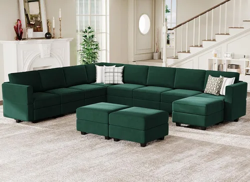 Vista 26 de Belffin Sofá modular modular con asiento de almacenamiento, sofá en forma de U de gran tamaño, sofá modular de terciopelo con terciopelo otomano
