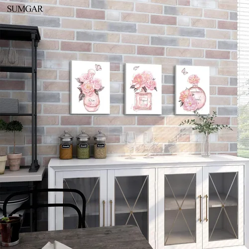 Vista 7 de SUMGAR Arte de pared rosa para dormitorio de niñas, decoración de pared de perfume de moda, flores, mariposas, cuadros de lienzo con marco gris