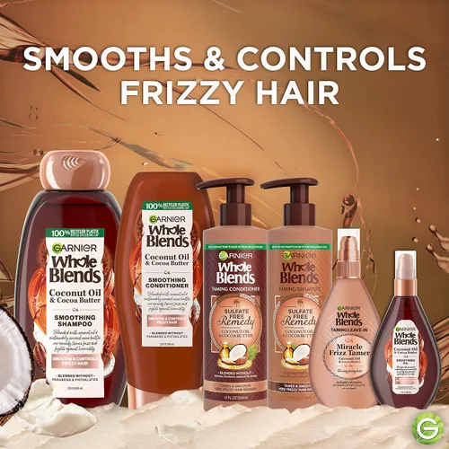 Vista 5 de Garnier Whole Blends - Juego de champú y acondicionador suavizante, aceite de coco y manteca de cacao para cabello encrespado, proporciona hasta 24