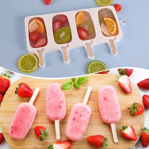 Vista 5 de Sakolla - Juego de moldes de silicona para paletas de hielo, 4 cavidades, moldes para helado ovalados con 50 palos de madera