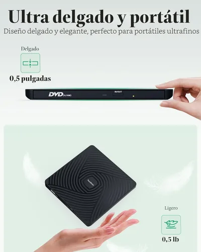 Vista 2 de PeroBuno Unidad externa de CD DVD, unidad óptica USB 3.0 tipo C, lector de discos CD ROM DVD ultradelgado de 0.5 pulgadas, portátil