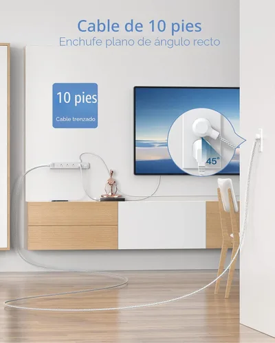 Vista 7 de One Beat Cable de extensión de 10 pies, regleta protectora de sobretensiones, 8 tomas de CA amplias, 3 USB, enchufe plano, estación de carga