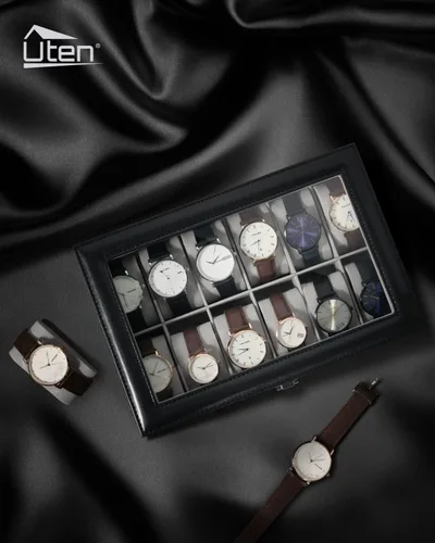 Vista 5 de Uten Caja de reloj, caja de reloj de cuero con 12 ranuras, organizador de caja de reloj, almacenamiento de joyas con tapa de vidrio grande, estuche