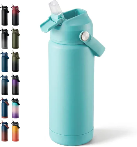 Vista 63 de Fijinhom Botella de agua aislada de 18 onzas con 2 tapas, botellas de agua de acero inoxidable, aspiradora de doble pared, mango portátil y parte