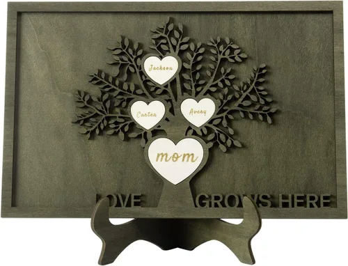 Vista 9 de Árbol genealógico con etiqueta de corazón, placas de madera grabadas personalizadas, regalos personalizados para madres, padres, escritorio, nombres
