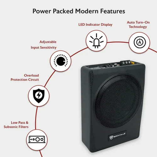 Vista 6 de Rockville Subwoofer delgado bajo el asiento amplificador integrado, carcasa de aluminio, control remoto, perfecto para audio de coche/camión