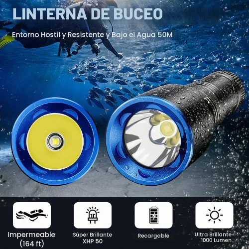Vista 2 de Linterna de buceo, linterna de buceo, linterna LED recargable de alto lúmenes, buceo submarino y linterna de snorkel para buceo, espeleología y uso