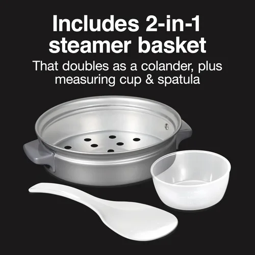 Vista 5 de Proctor Silex - Arrocera y vaporizador de alimentos, 6 tazas cocinadas (3 tazas sin cocinar), incluye cesta de vapor y enjuague, negro (37510)
