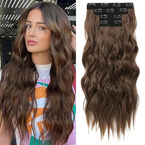 Vista 18 de REECHO Extensiones de cabello con pinza, 4 piezas de extensiones de cabello rubio de 24" de largo, ondas de playa gruesas, HE003, trama de encaje