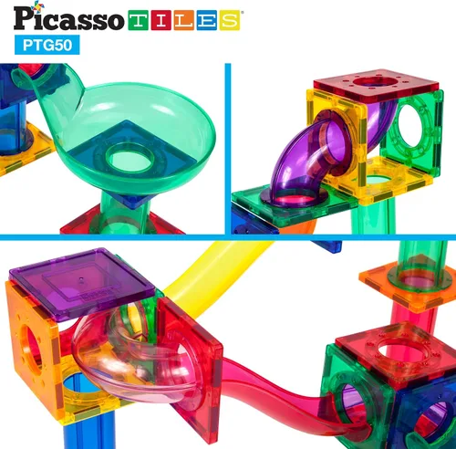 Vista 5 de PicassoTiles 50 piezas de pista de carreras de canicas + 4 bolas translúcidas con luces LED que brillan en la oscuridad: juego educativo STEAM
