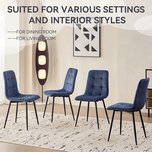 Vista 7 de Juego de 4 sillas de comedor de pana, modernas sillas de cocina tapizadas de tela con patas de metal, almohadillas ajustables, color azul