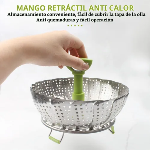 Vista 3 de Cesta de vapor plegable de acero inoxidable (7-11 pulgadas) con mango resistente al calor, ideal para cocinar mariscos, verduras, frutas, expandible