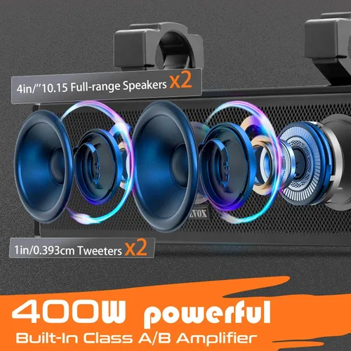 Vista 6 de Barra de sonido UTV de 17 pulgadas, barra de sonido para carrito de golf, Bluetooth IP65, impermeable, 400 W, amplificada con iluminación RGB