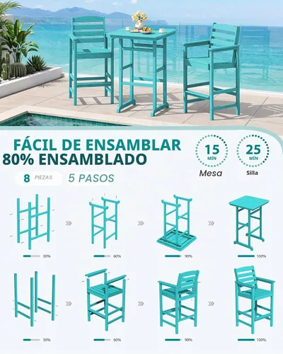 Vista 7 de SERWALL Juego de 3 sillas Adirondack de alta densidad y mesa de bar, Aruba