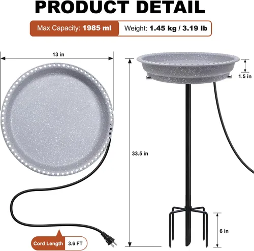 Vista 3 de BIRD WISH Baño de Pájaros Calentado, Base Metálica Estable de 5 Puntas con Control de Termostato Resistente al Clima para Todas las Estaciones Gris