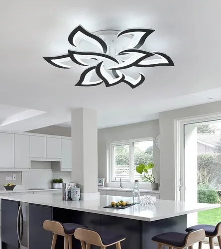 Vista 4 de MEIXISUE Lámpara de techo moderna con flor LED en negro, accesorios de iluminación de techo montados con control remoto para sala de estar