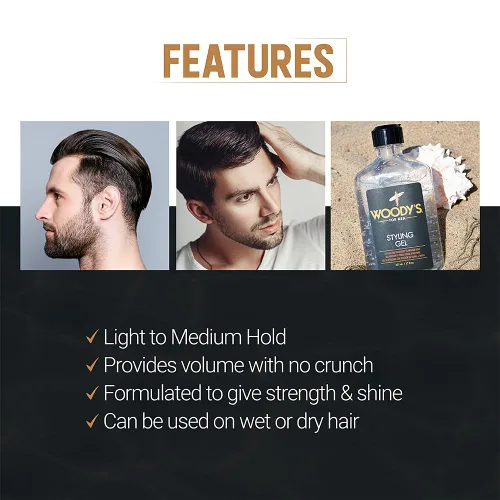 Vista 4 de Woody's Gel de peinado para hombres, gel para el cabello sin alcohol con sujeción ligera a media, sin crujido, acabado táctil, 12 onzas líquidas